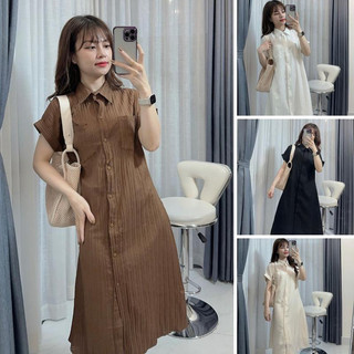 Váy sơ mi basic,Váy sơ mi tay hến đầm dáng dài maxi thô đũi gân cúc dọc túi trước tặng kèm váy 2 dây ulzzang