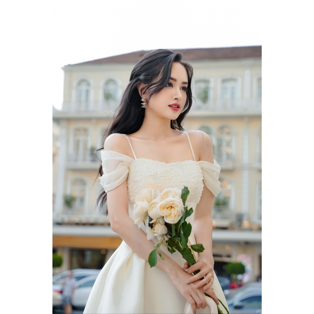 Váy hai dây đầm hai dây trễ vai Tafta phối tơ chân váy xếp phồng tôn dáng sang trọng nữ tính TIINSTORE  V0D798