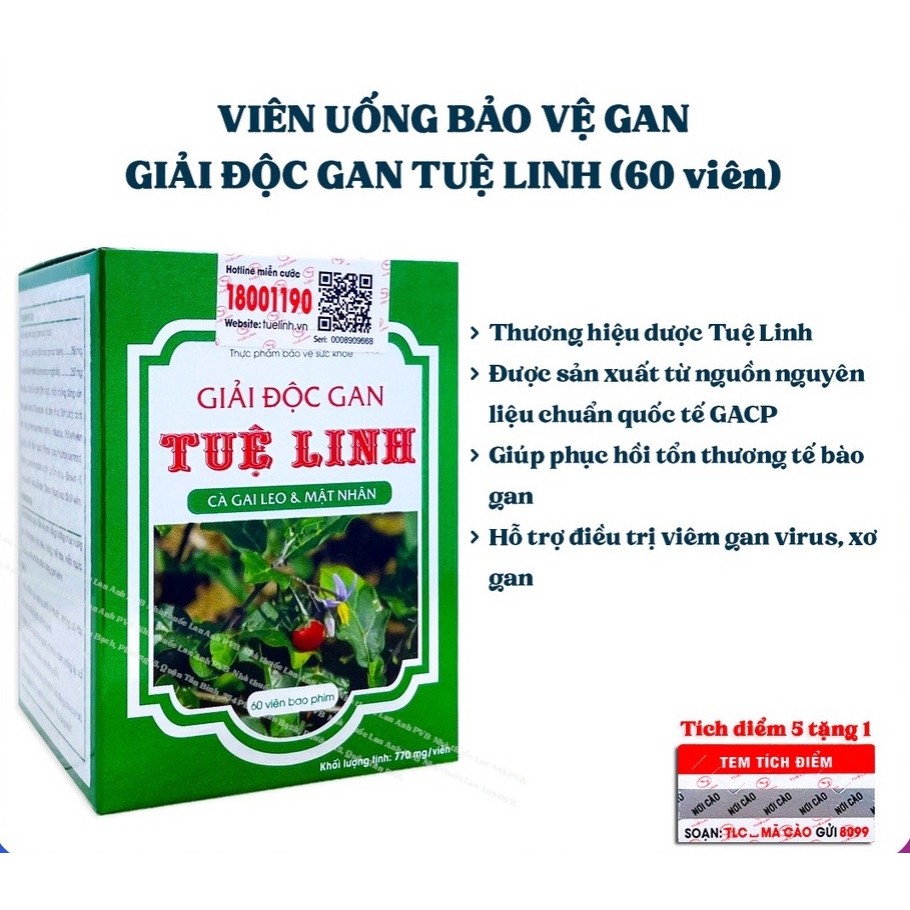 Viên Giải Độc Gan Tuệ Linh Hộp 60 viên - Giúp hạ men gan Hỗ trợ viêm gan xơ gan ,Tăng cường chức năng gan thải đôcj