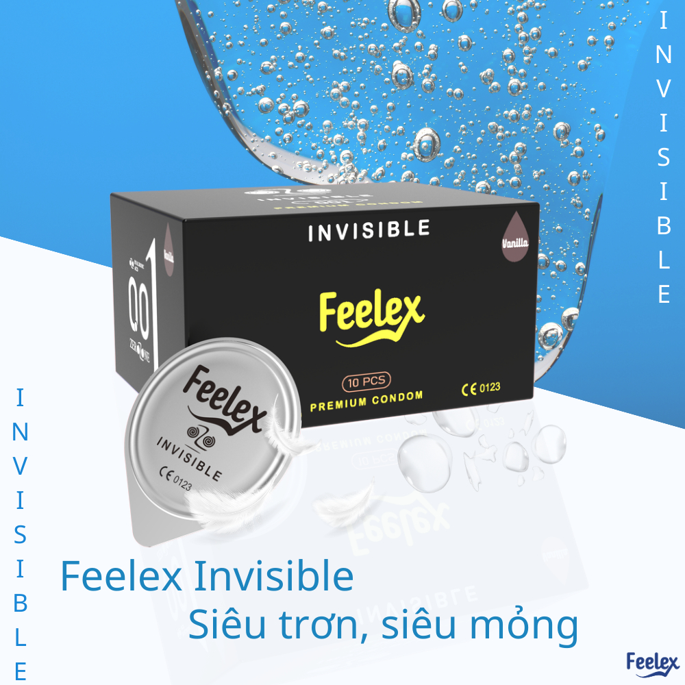 Bao cao su Feelex Invisible siêu mỏng, nhiều gel bôi trơn, hương thơm size 52 - Hộp 10bcs
