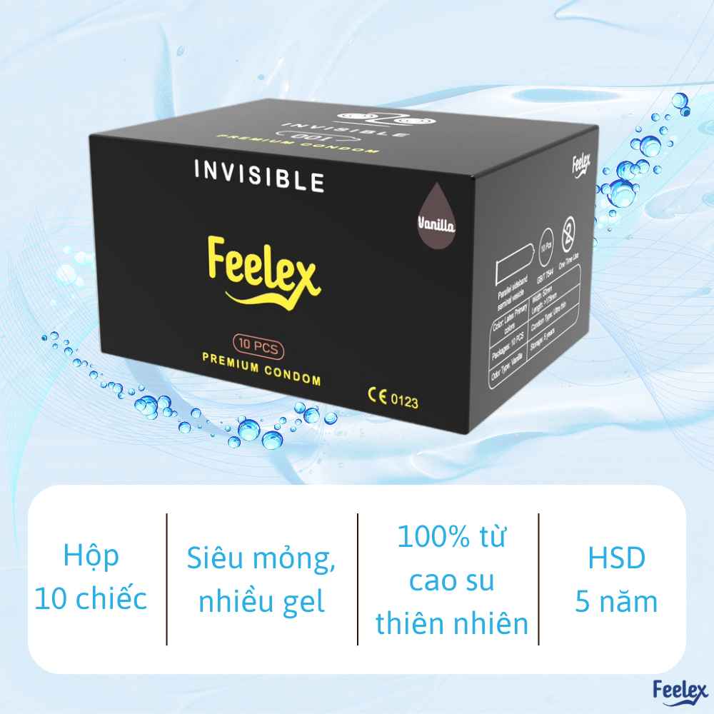 Bao cao su Feelex Invisible siêu mỏng, nhiều gel bôi trơn, hương thơm size 52 - Hộp 10bcs
