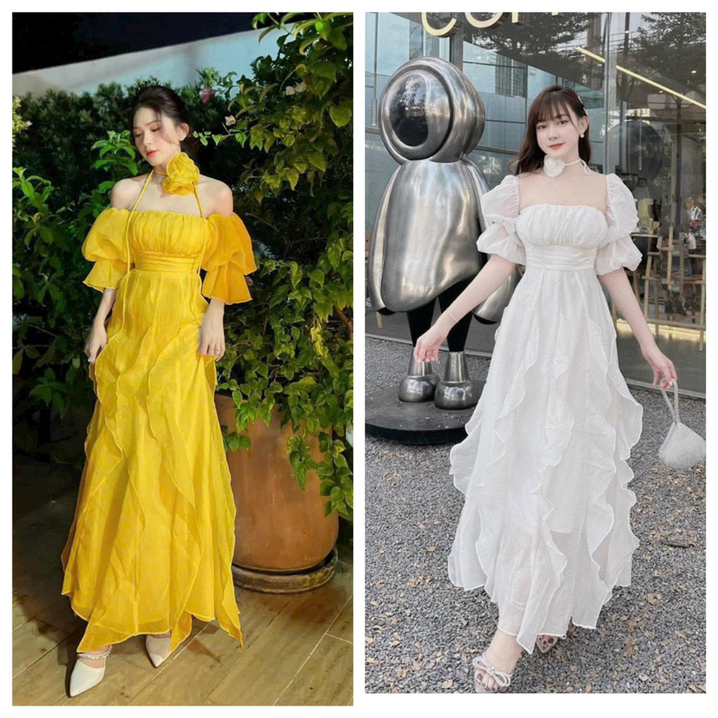 Đầm maxi suông rũ chất tơ lụa cao cấp thiết kế tay phồng , dáng váy tua rũ siêu đẹp , nổi bật đi chơi