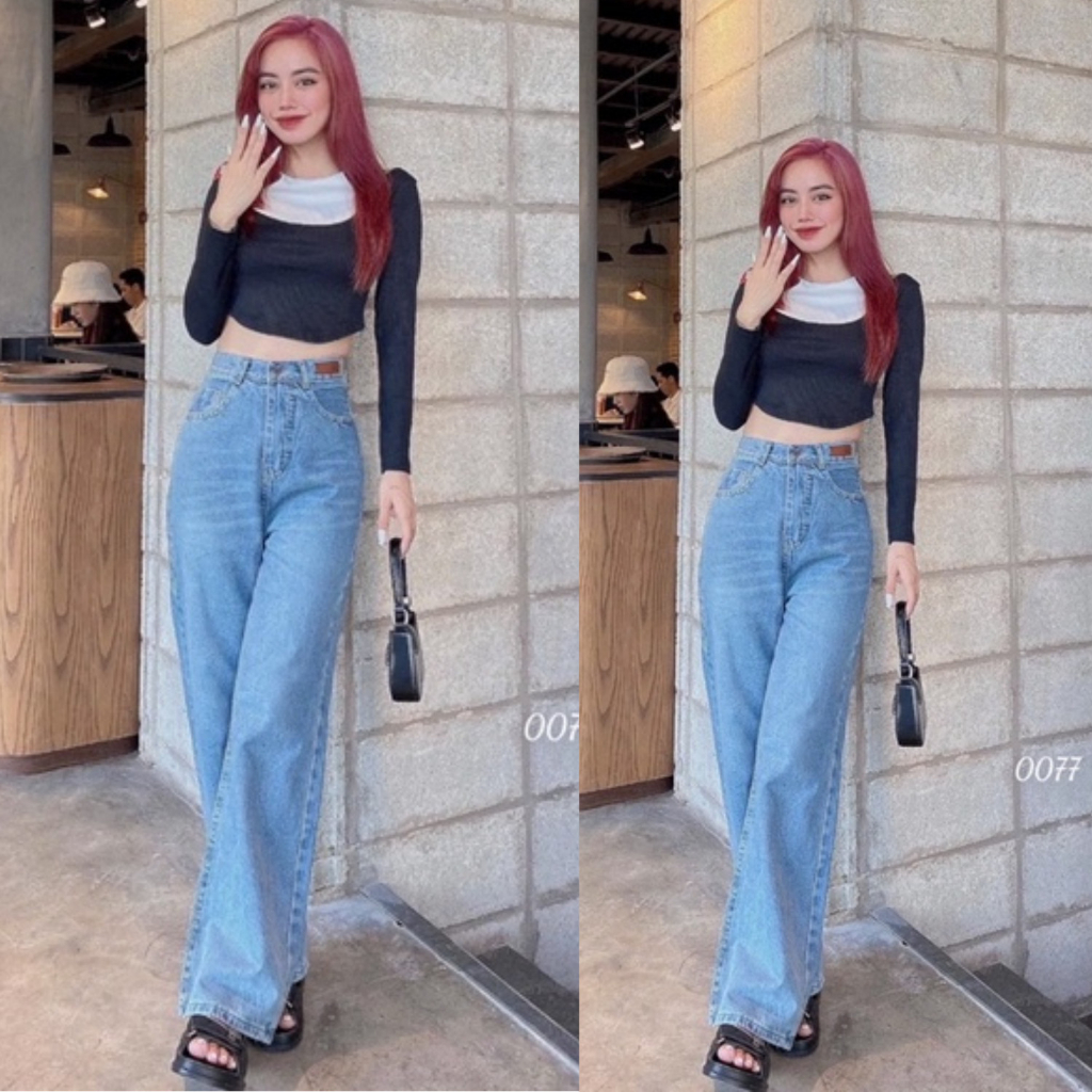 Quần jeans nữ ống suông cạp cao hách dáng, Quần bò nữ HT JEAN màu xanh nhạt chất bò mềm mịn co dãn