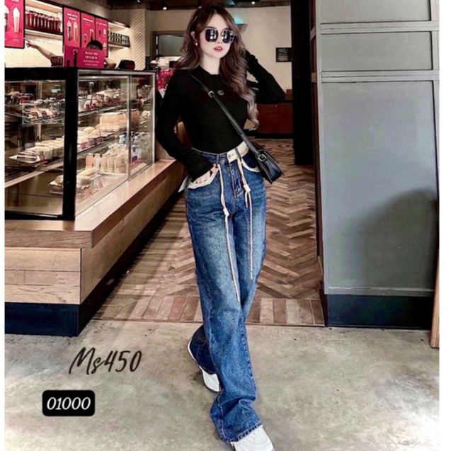 Quần Jean nữ màu xanh lưng cao phối dây siêu cá tính, Quần bò nữ HT JEAN chất Denim cao cấp