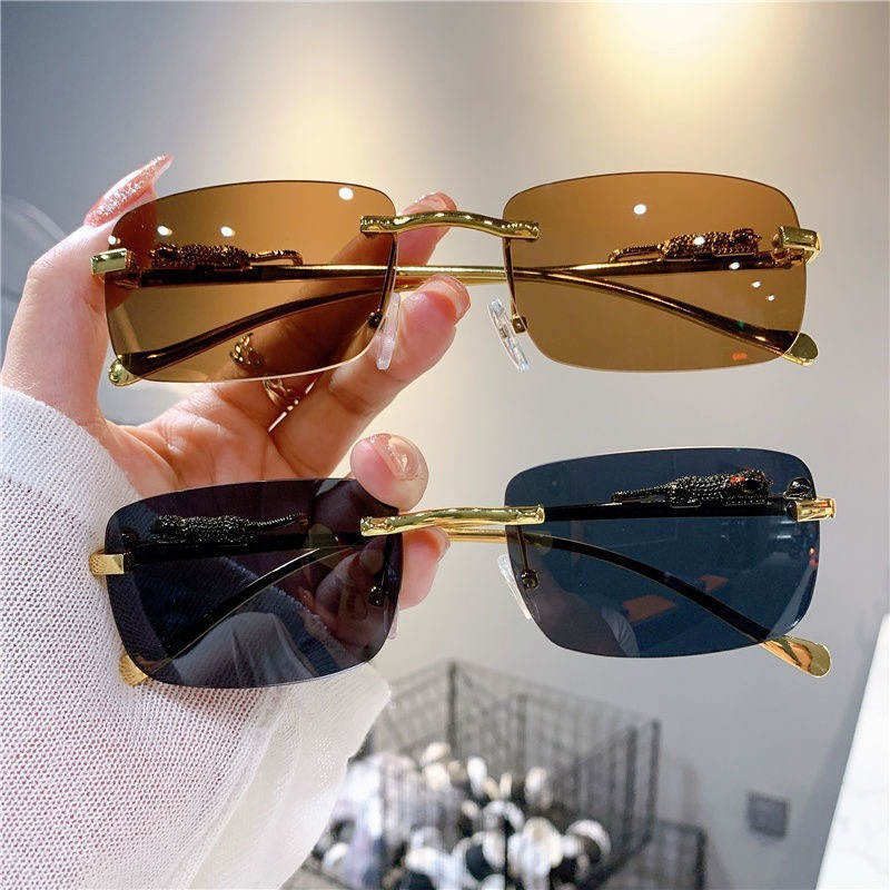 Mắt kính nữ Cartier phom kính chữ nhật bản nhỏ không viền màu trong suốt , hồng , nâu trà , đen gọng xi vàng tặng khăn