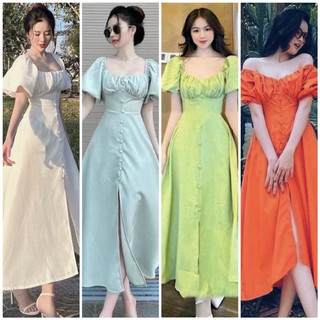 Đầm nhúng ngực nút bọc xẻ tà 6 màu (kèm hình thật)