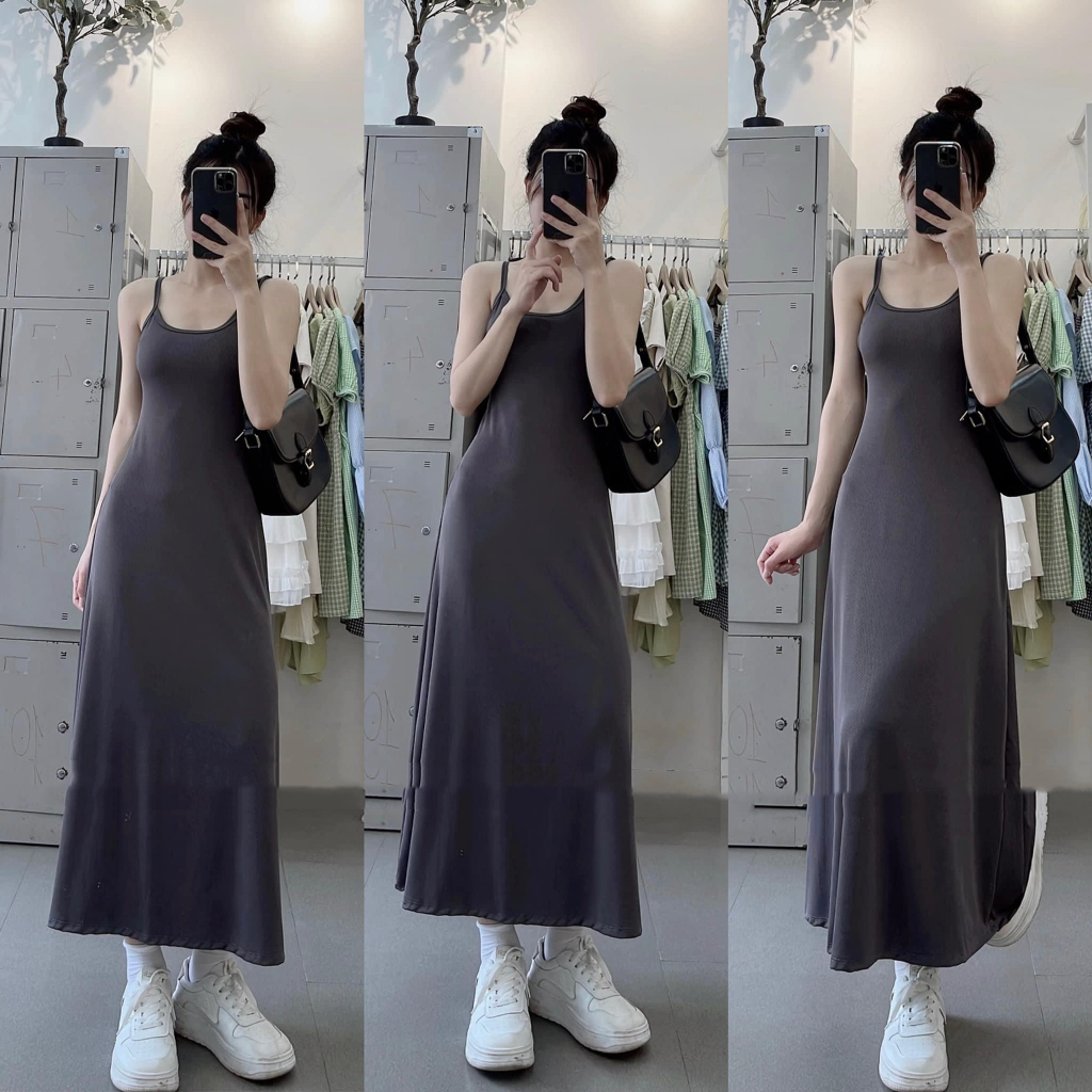 Đầm 2 dây gân basic Ulzzang form dài (ảnh thật) | BigBuy360 - bigbuy360.vn