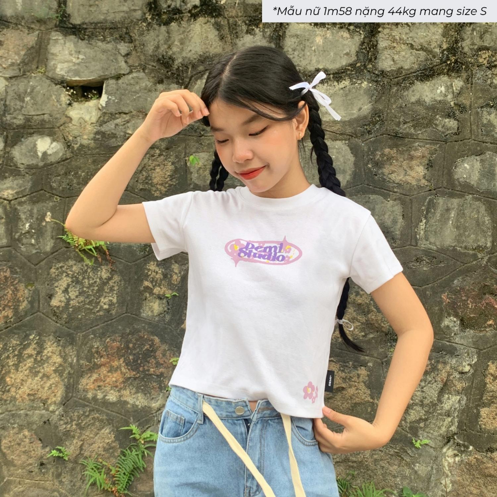 Áo thun baby tee trắng in hình giá rẻ DEMI nhiều size tay ngắn form vừa | DE-T48