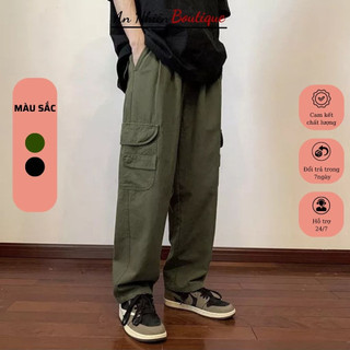Quần Dài Túi Hộp basic nam nữ ống rộng, Quần suông kaki hai màu rêu đen unisex form rộng