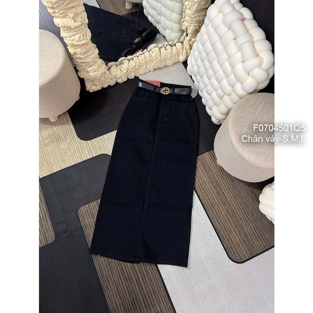 Chân váy jean đen lưng cao dáng dài xẻ tà