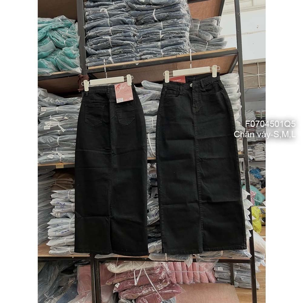 Chân váy jean đen lưng cao dáng dài xẻ tà