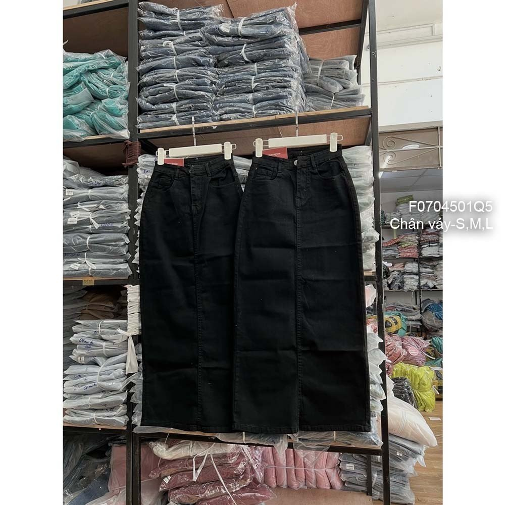 Chân váy jean đen lưng cao dáng dài xẻ tà
