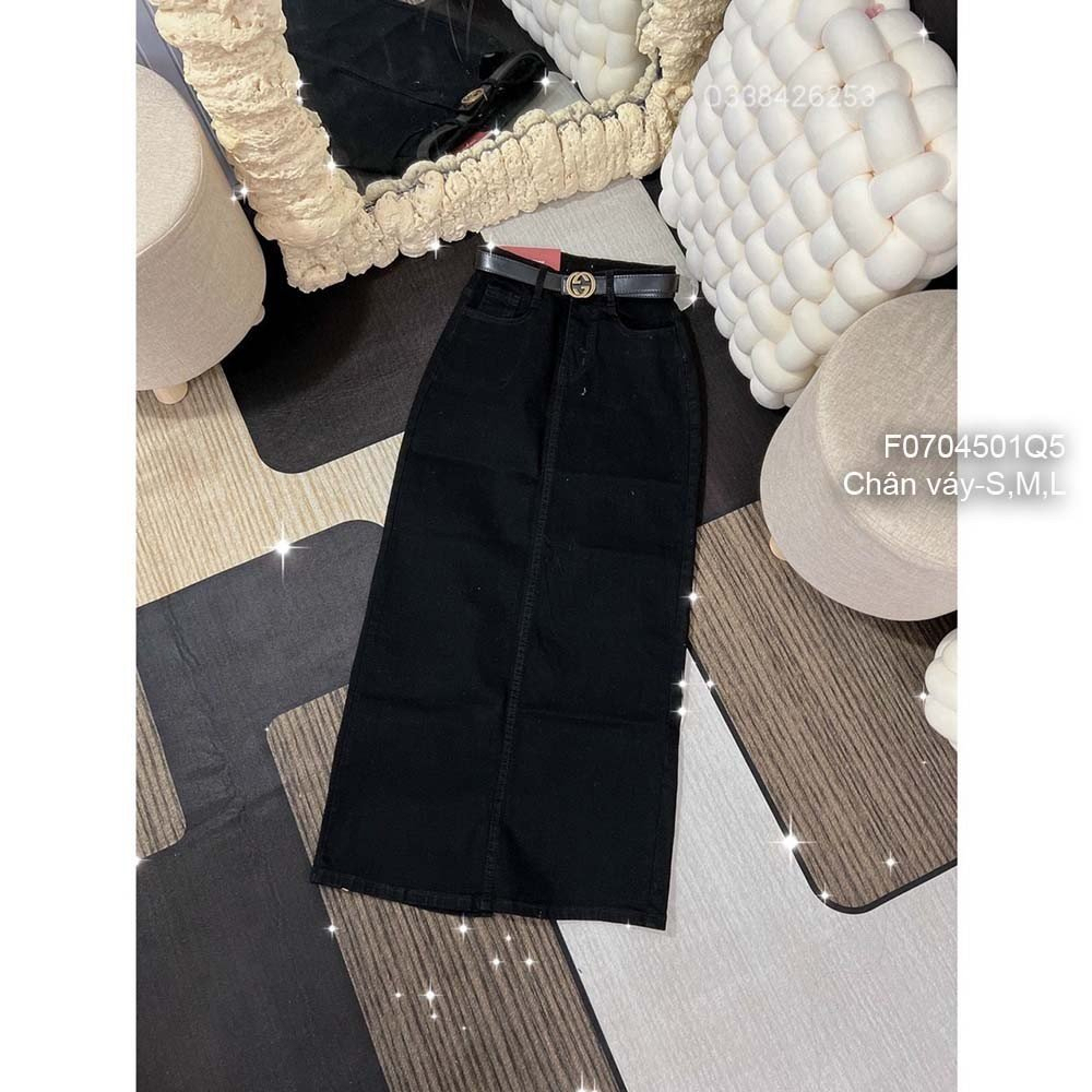 Chân váy jean đen lưng cao dáng dài xẻ tà