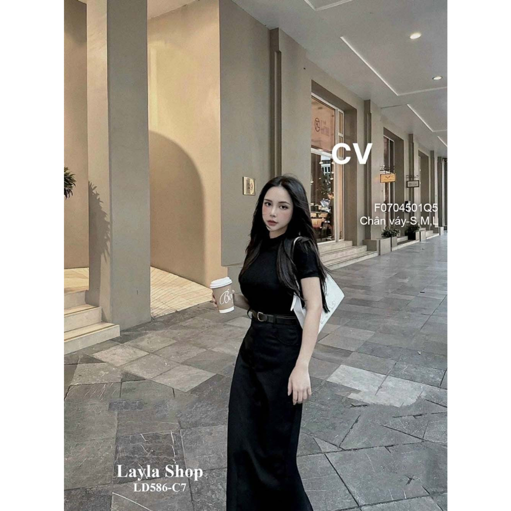 Chân váy jean đen lưng cao dáng dài xẻ tà