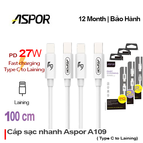 Cáp sạc nhanh PD27W Aspor A109, chíp thông minh chống cháy nổ, chống hại pin, không nóng máy, bảo hành 12 tháng