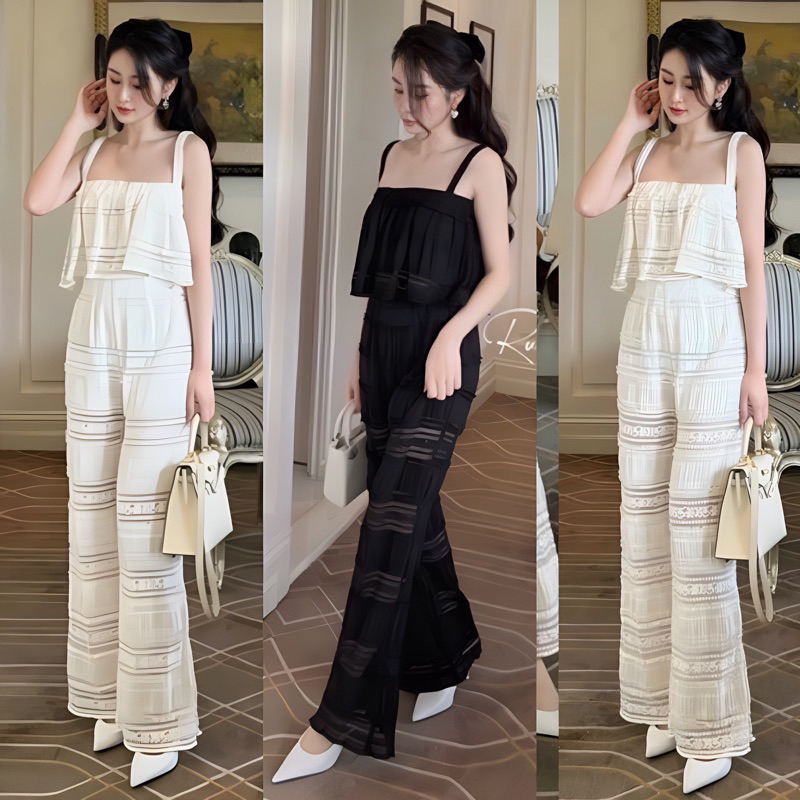 SÉT DỰ TIỆC ÁO REN NỔI 2DÂY &QUẦN ỐNG LOE SANG CHẢNH TRẮNG/ĐEN