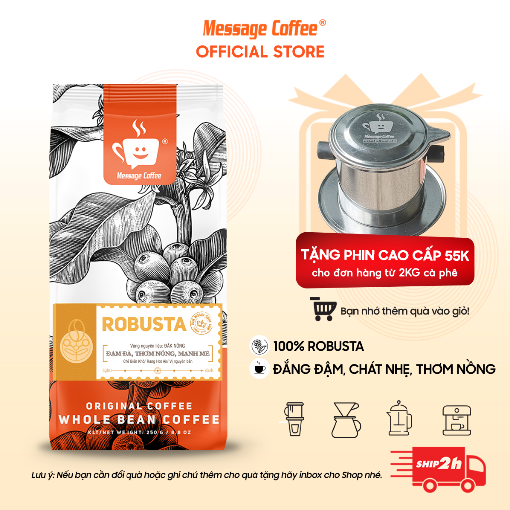 COMBO 2kg ROBUSTA - 500g hạt,bột - 100% cafe mộc  nguyên chất, pha phin máy, ngon rẻ từ Message Coffee