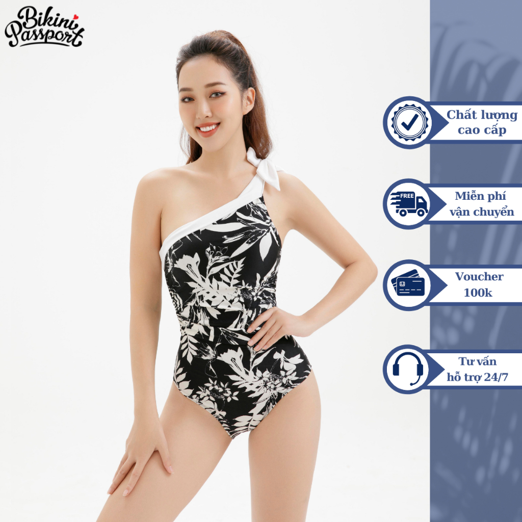 Đồ bơi Nữ BIKINI PASSPORT kiểu Một mảnh lệch vai cột dây cách điệu - màu Đen - BS393_BL