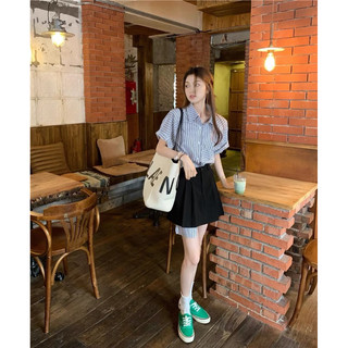 Set áo sơmi kẻ Freesize+ cv đen