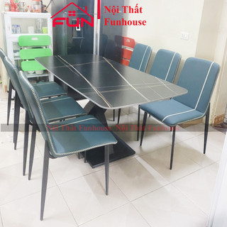 Bộ bàn ăn 1m6 nhập khẩu 6 ghế cao cấp, mặt đá, ghế bọc da phong cách hiện đại - Baor hành 2 năm