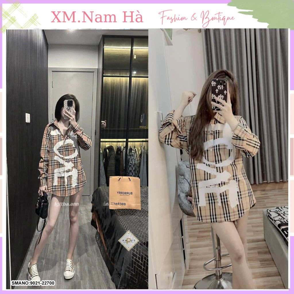 Áo sơ mi Burbery unisex dài tay kẻ sọc màu be in chữ LOVE trắng dọc thân khuy đúc chữ chất cotton đẹp.