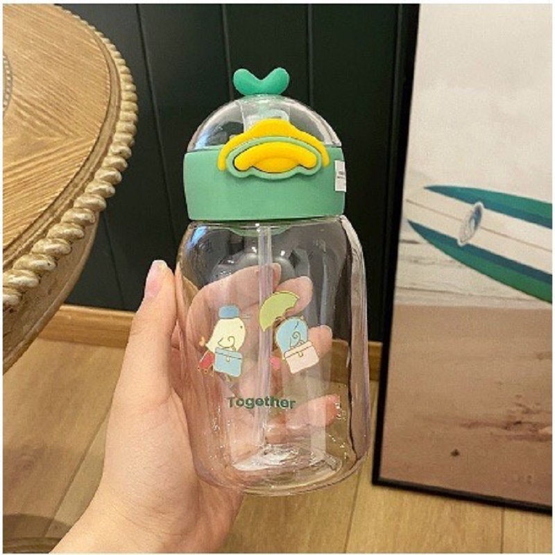 Bình Nước Nhựa Có Ống Hút Chống Rơi Dung Tích 400ML,Bình Đựng Nước Nhựa Dễ Thương Hình Chú Vịt Cute Hàn Quốc Cho Bé