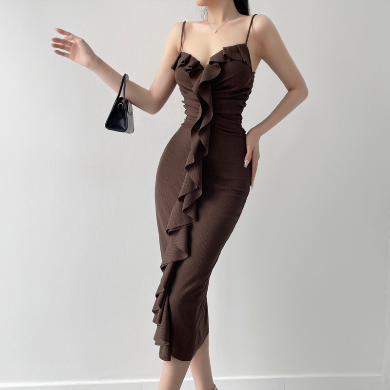 ARA Dress - Đầm 2 dây nhúng bèo trước xinh xắn, quyến rũ chất thun gân tăm cao cấp