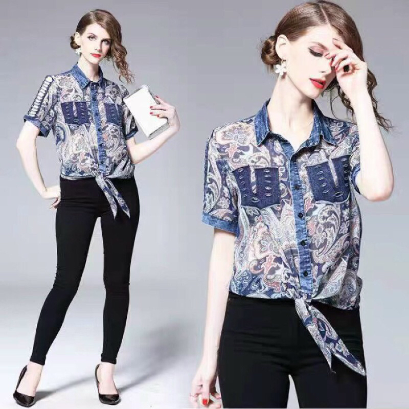 Áo Kiểu Nữ Chất Voan Phối Jeans Cột Dây Mềm Mát Hàng Quảng Châu Cao Cấp