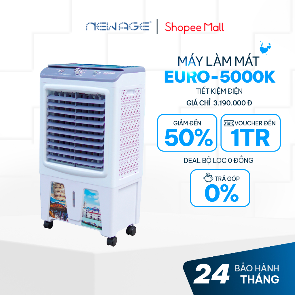 Quạt Điều Hòa Hơi Nước EURO-5000K Làm Mát Không Khí bình chứa 35 lít, động cơ lõi đồng siêu bền