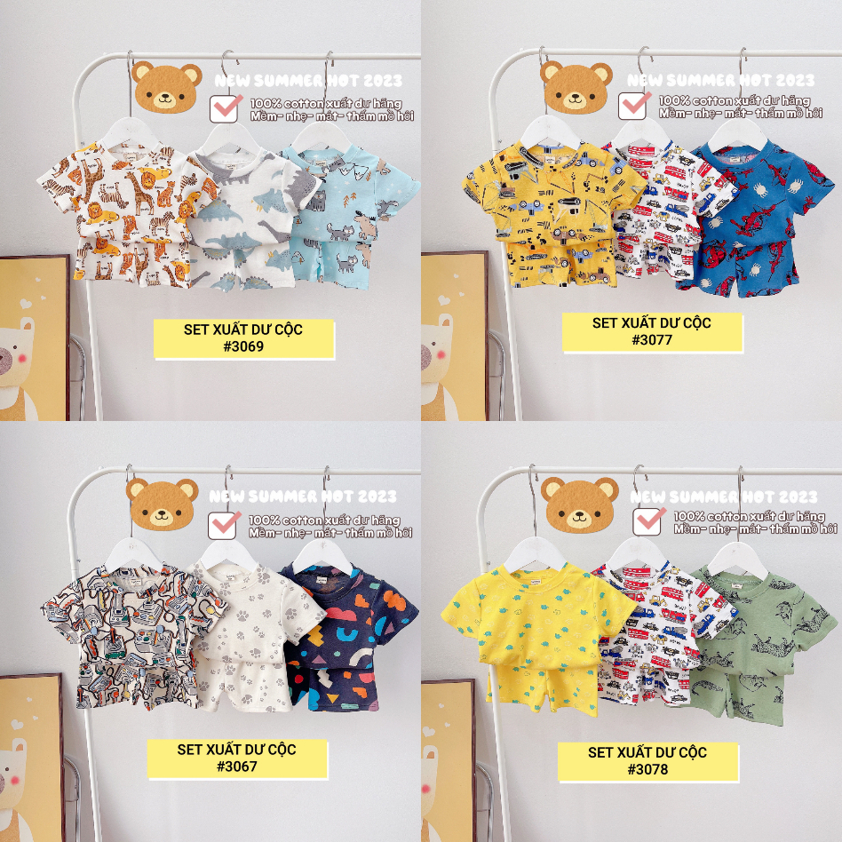 (8-17kg) Set 3 bộ Cotton xuất dư cho bé trai- Bộ cotton cộc tay mùa hè
