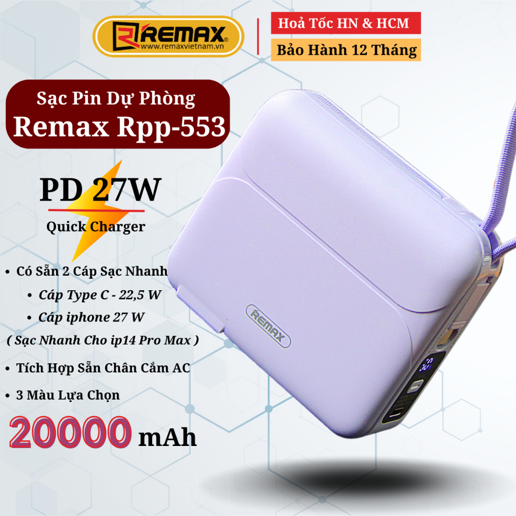Củ Sạc Kiêm Sạc Dự Phòng Đa Năng 3in1 20000mAh Sạc Nhanh 27W - Remax Việt Nam RPP-553 - Bảo Hành 12 Tháng