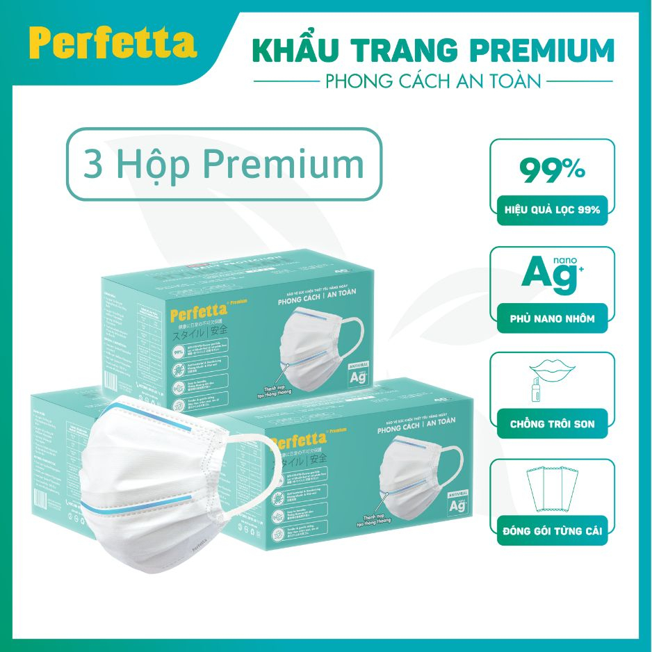 [Premium AG+] Combo 3 Hộp Khẩu Trang Cao Cấp Chuẩn Nhật Perfetta Premium AG+, 2 Thanh Nẹp Thông Thoáng (40 cái/hộp)