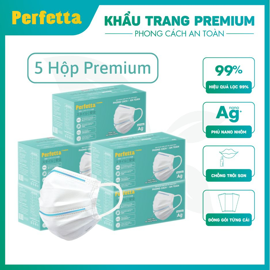 [Premium AG+] Combo 3 Hộp Khẩu Trang Cao Cấp Chuẩn Nhật Perfetta Premium AG+, 2 Thanh Nẹp Thông Thoáng (40 cái/hộp)