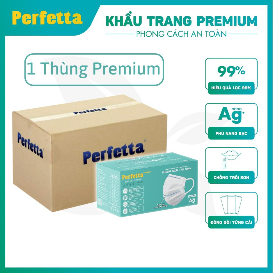 [Premium AG+] Combo 5 Hộp Khẩu Trang Cao Cấp Chuẩn Nhật Perfetta Premium AG+, 2 Thanh Nẹp Thông Thoáng (40 cái/hộp)