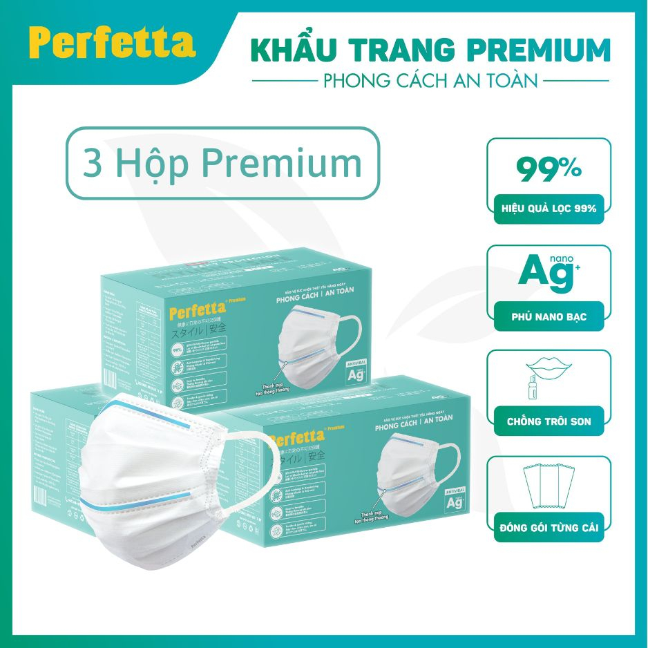 [Premium AG+] Combo 5 Hộp Khẩu Trang Cao Cấp Chuẩn Nhật Perfetta Premium AG+, 2 Thanh Nẹp Thông Thoáng (40 cái/hộp)