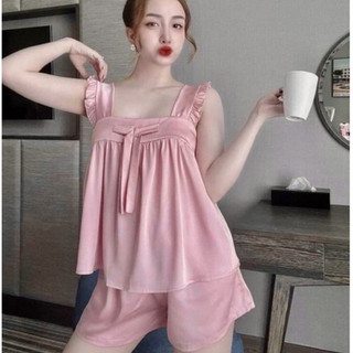 Bộ ngủ nữ chất lụa satin mềm mại phối ren siêu sexy, thiêt kế cổ vuông thắt nơ điệu đà bánh bèo siêu hot a10