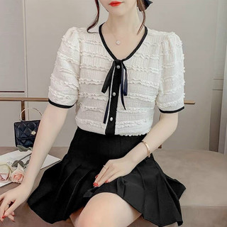 Áo sơ mi xốp cộc tay sóng ren cúc ngọc nơ cổ b85