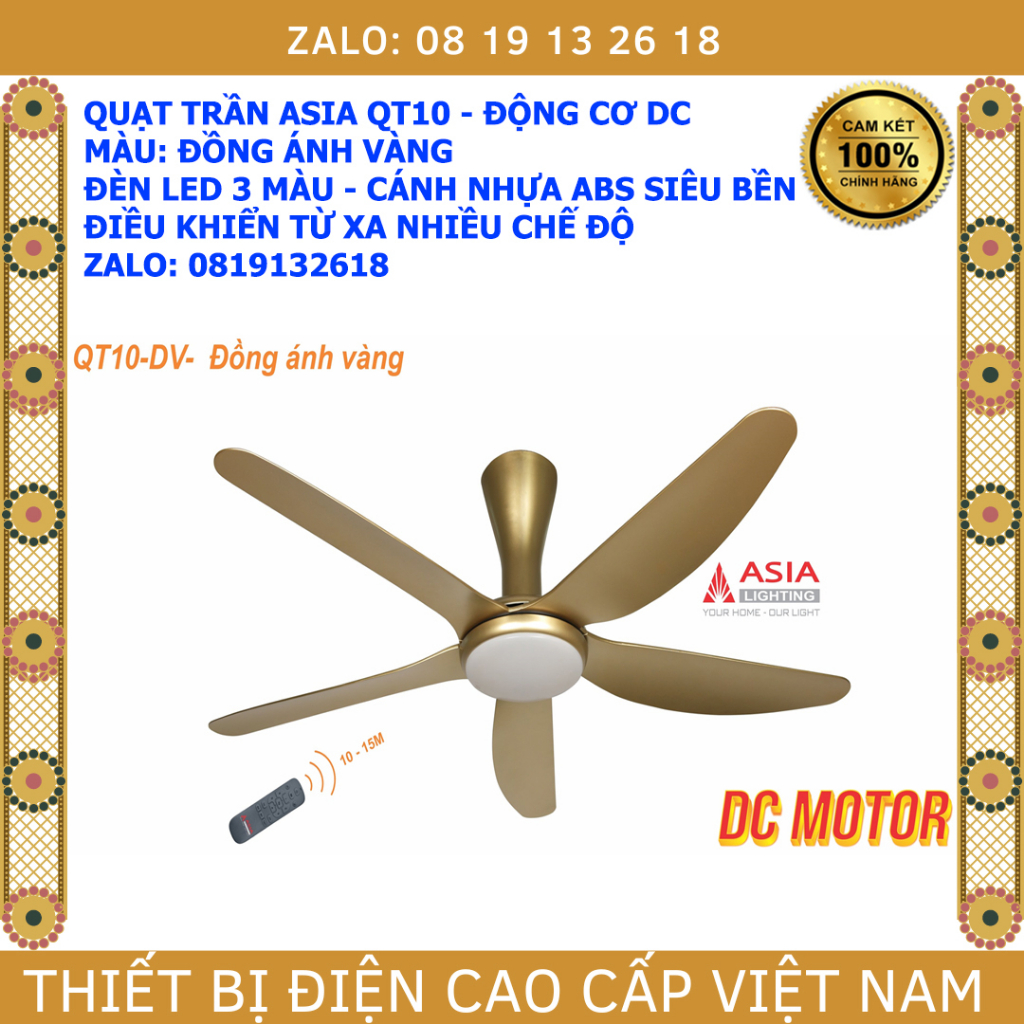 Quạt trần 5 cánh ASIA QT10 MÀU ĐỒNG ÁNH VÀNG, có đèn led, điều khiển từ xa, động cơ DC cao cấp