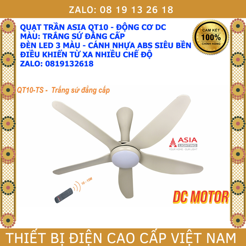 Quạt trần 5 cánh ASIA QT10 MÀU TRẮNG SỨ, có đèn led, điều khiển từ xa, động cơ DC cao cấp