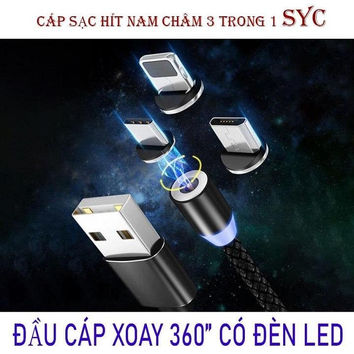 Cáp sạc từ dây dù 3 đầu hít nam châm đa năng 3 in 1-1 dây kèm 3 đầu sạc