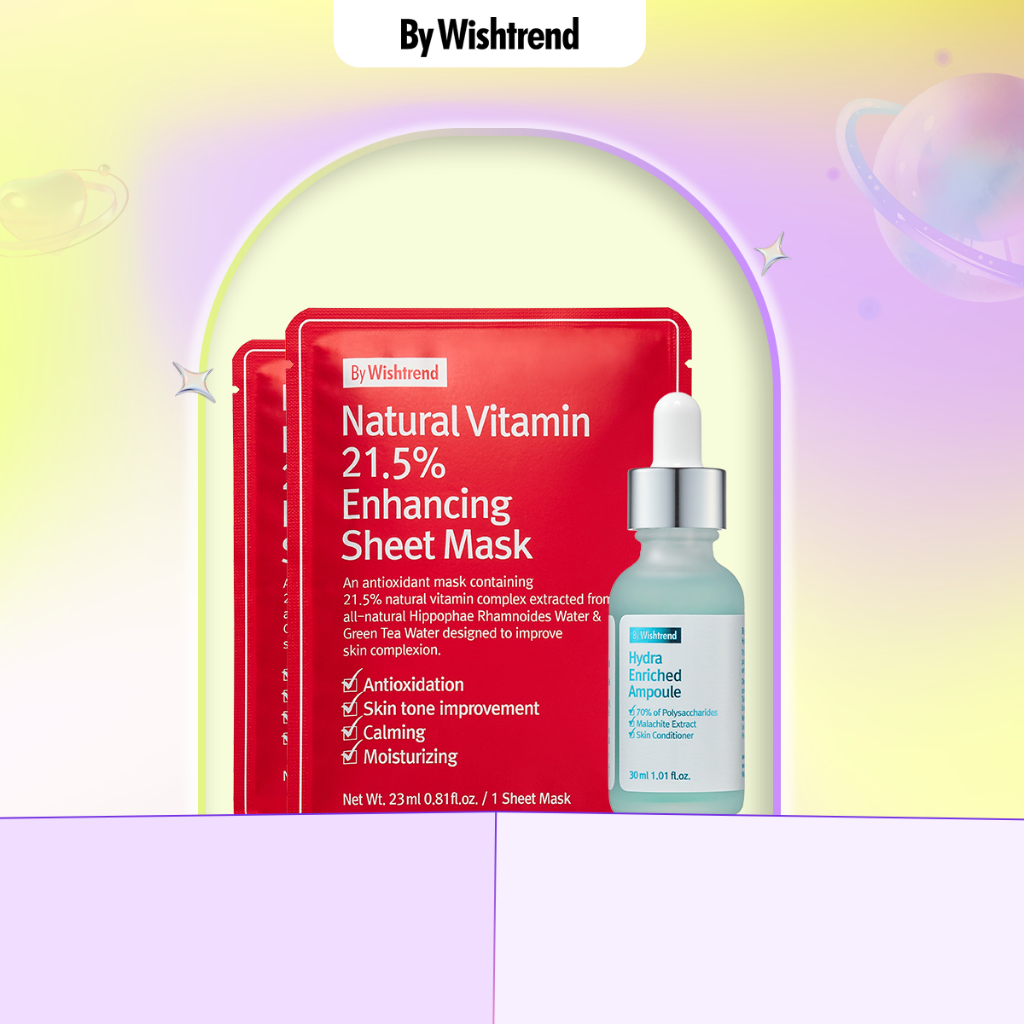 Combo By Wishtrend tinh chất Hydra Enriched Ampoule 30ml + 2 mặt nạ giấy Natural Vitamin 21.5% Sheet Mask 23ml