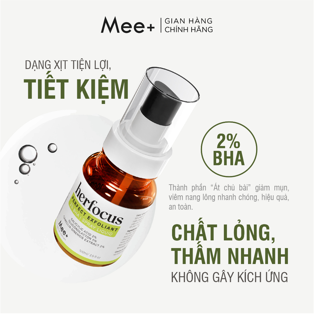 Viêm nang lông, viêm lỗ chân lông HERFOCUS - Xịt viêm nang lông 2% BHA 100ml Mee Natural