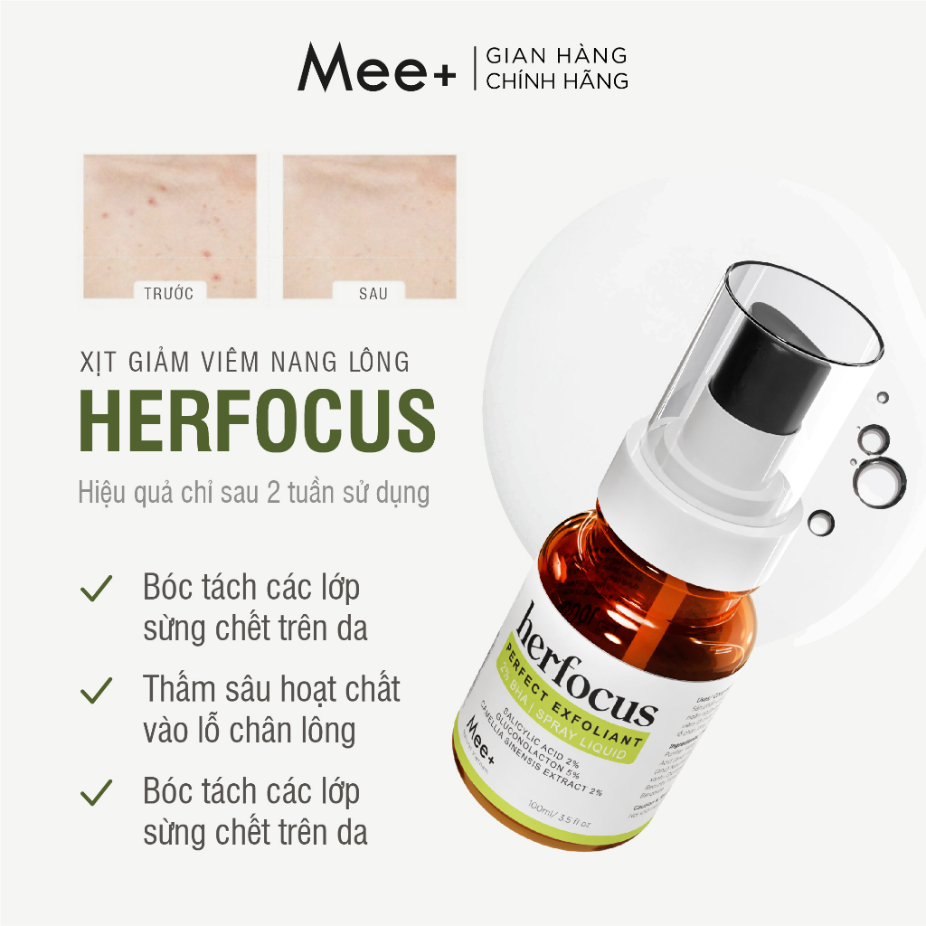 Viêm nang lông, viêm lỗ chân lông HERFOCUS - Xịt viêm nang lông 2% BHA 100ml Mee Natural