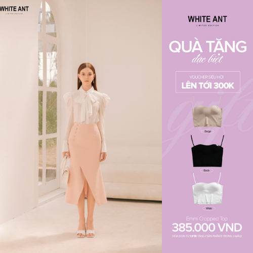 Set Áo Sơ Mi Cổ Nơ Tay Bồng Và Chân Váy Đuôi Cá Xẻ Trước WHITE ANT LEO PETER PAN SHIRT Hàng Thiết Kế Cao Cấp 170300253