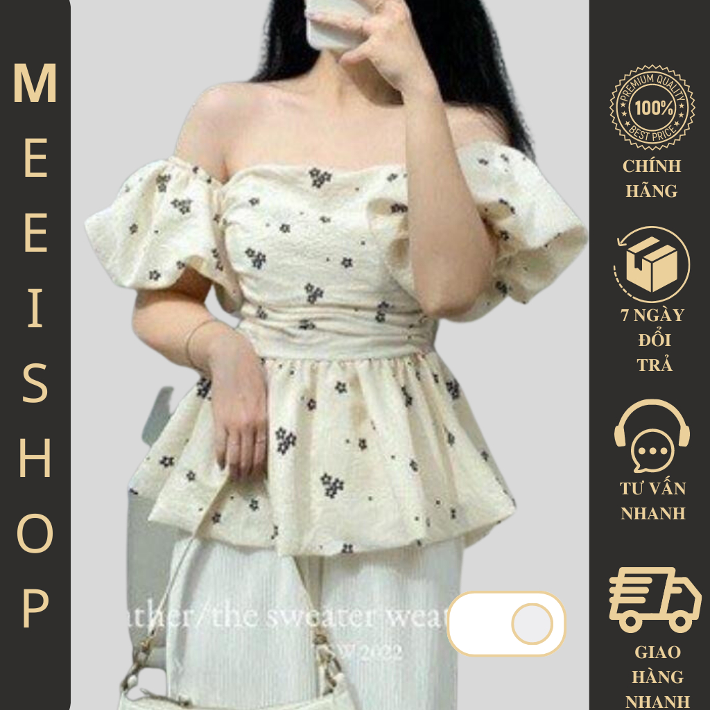 Áo hoa nhí trễ vai tay bồng Meei shop, Áo kiểu nữ phong cách mùa hè trẻ trung A50