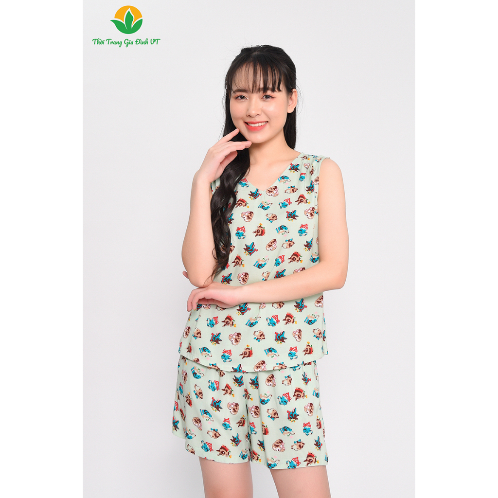 Bộ quần áo mặc nhà nữ mùa hè Việt Thắng, quần đùi , áo sát nách , chất Lanh - B02.2301