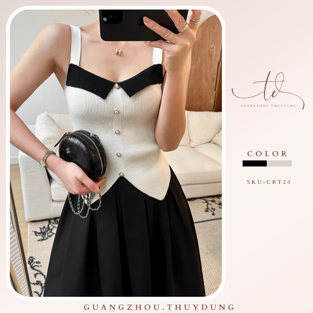 Áo 2 dây nữ bản to cổ vuông phối màu dáng ngắn vạt bầu cúc ngọc chất len tăm mỏng mặc hè thoáng mát Guangzhou.Thuydung