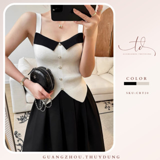 Áo 2 dây nữ bản to cổ vuông phối màu dáng ngắn vạt bầu cúc ngọc chất len tăm mỏng mặc hè thoáng mát Guangzhou.Thuydung