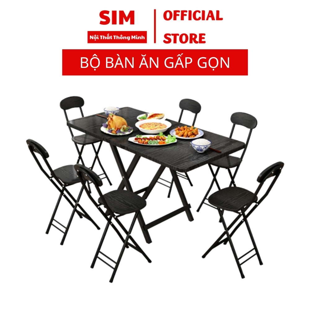 Combo bộ bàn ghế ăn thông minh gấp gọn, bộ bàn 6 ghế kích thước 120x60x74cm, mặt gỗ phủ melamine chống nước chống xước