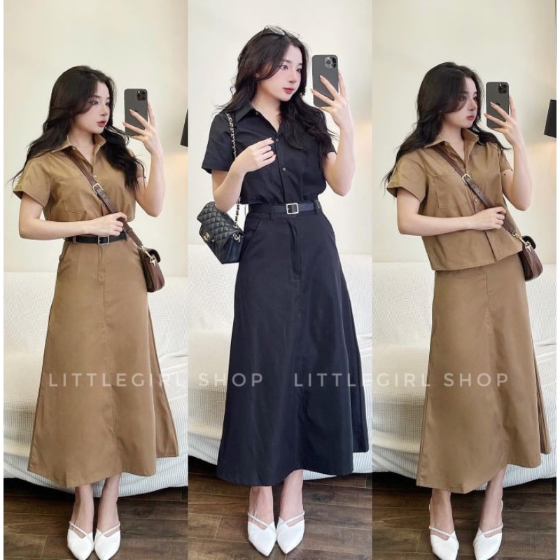 Set đồ nữ kaki công sở 3 món áo sơ mi mix chân váy có lót dáng dài midi thô mềm kèm đai thắt lưng QC cao cấp